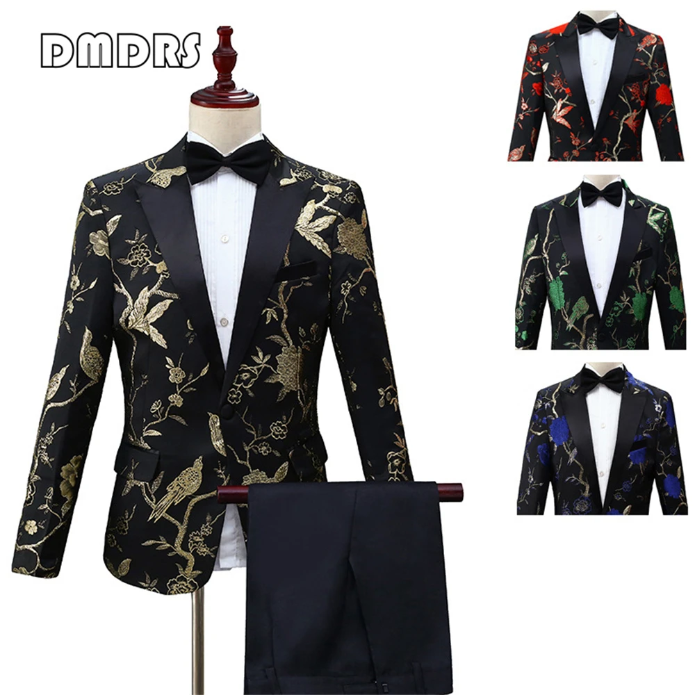 

Embroidery Men's 2 Pieces Suit Set One Button Birds Floral Pattern Adult Prom Tuxedo New Fashion Men's Suits Jacket Pants Set