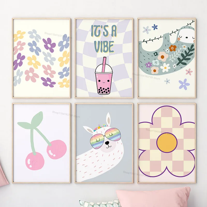 Cute Alpaca Sloth Flower Cherry  Wall Art Canvas Painting Nordic Cartoon Posters Prints Wall Pictures Baby Kids Room Home Decor