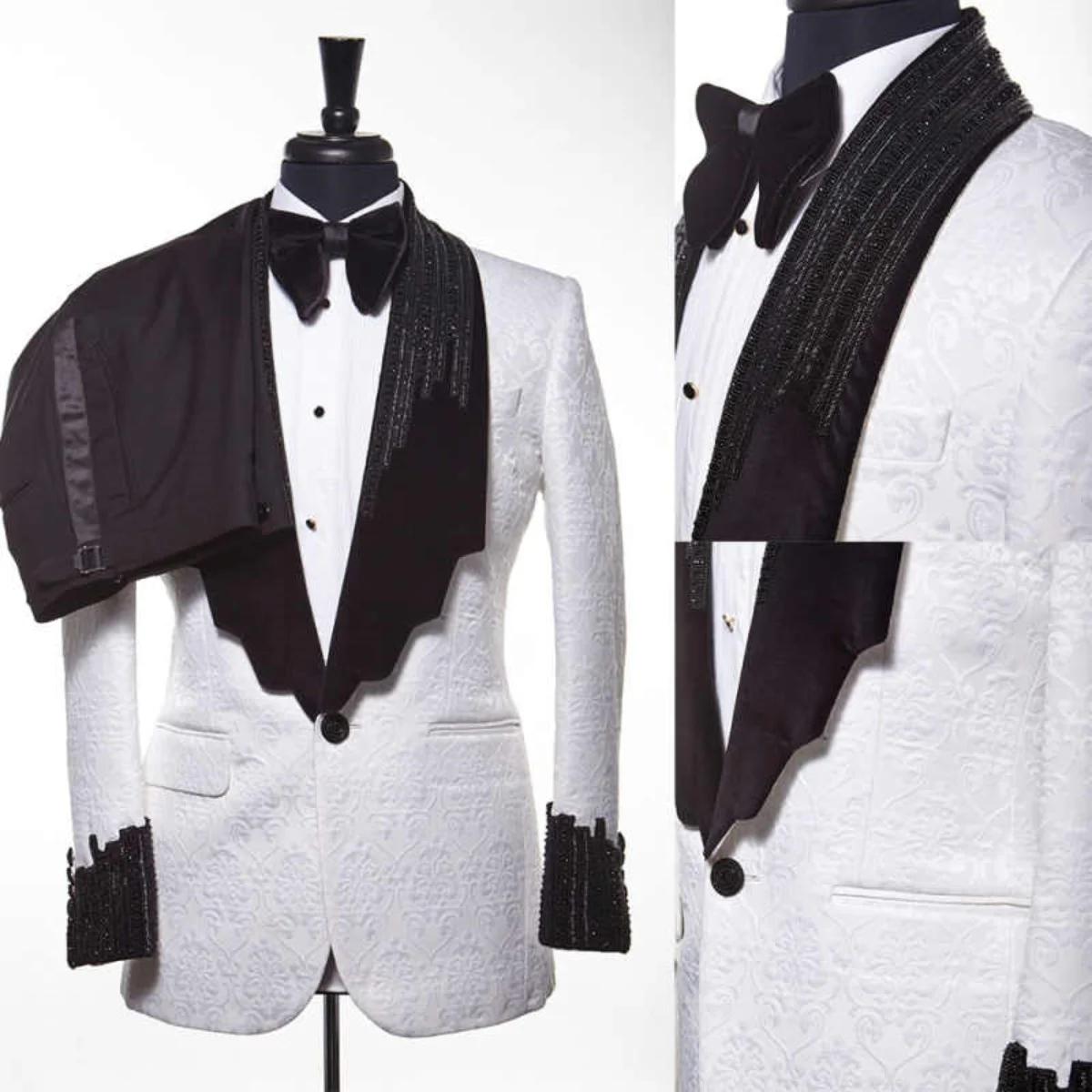 

Luxury Men Suit 2 Pcs One Button Shawl Lapel Jacquard Beaded Crystal Wedding Tuxedos Evening Party Customized