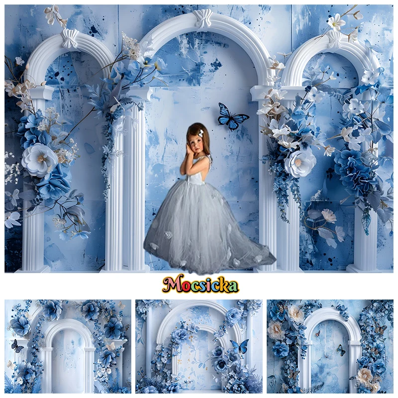 Blue Flower Wall Backgrounds For Photographs Butterfly Baby Shower Photo Birthday Wedding Backdrops Party Decorations Photocall