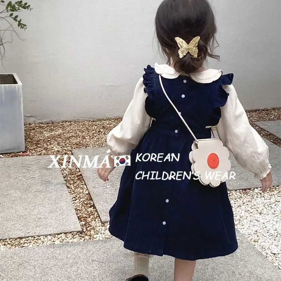 New Girls Dress Set Embroidered Corduroy Suspender Skirt Stylish Baby Collar Shirt Autumn Skirt 2-piece Set Sweet Casual