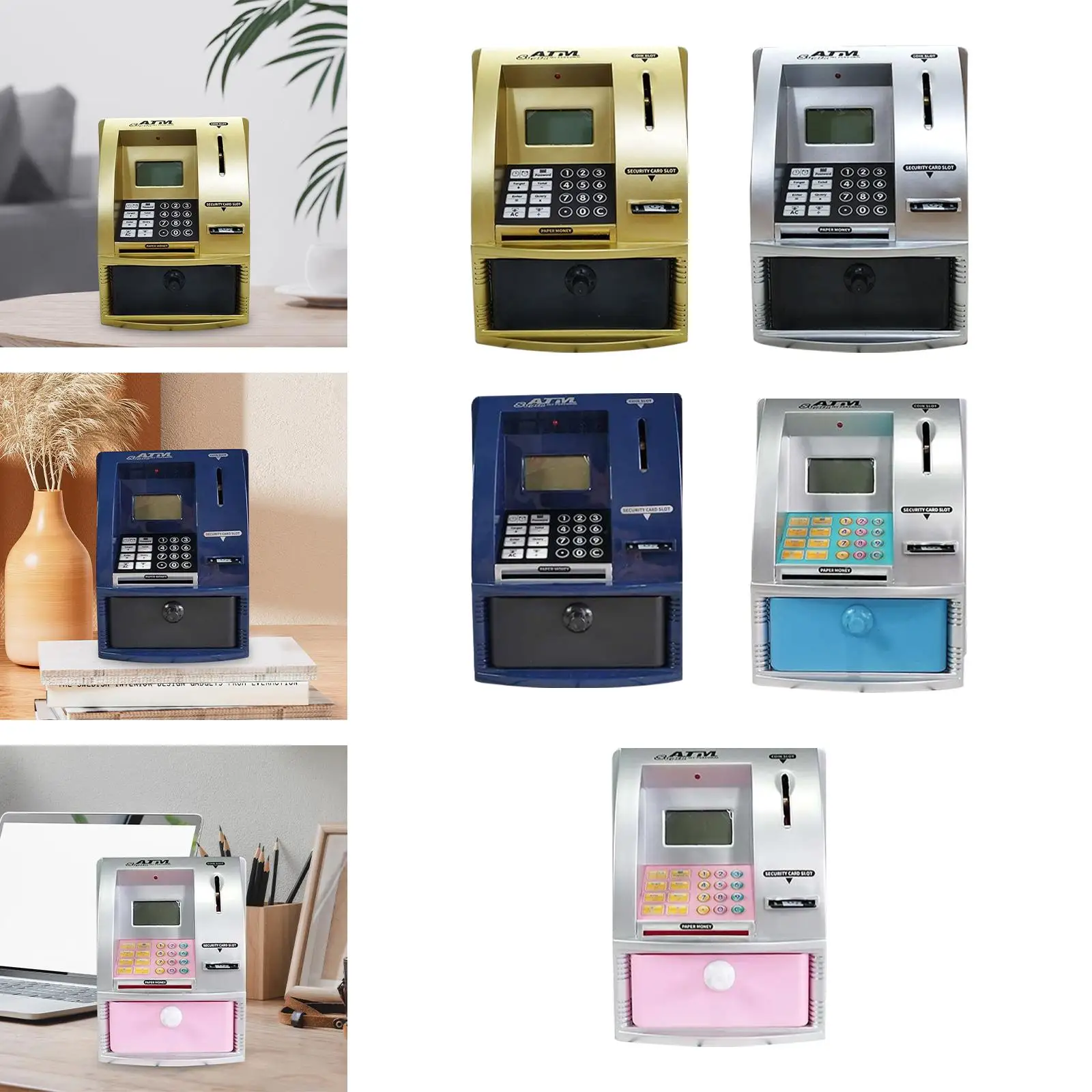 Mini cofrinho ATM com cartão, senha, reconhecimento de moedas, alimentador de contas, equilíbrio