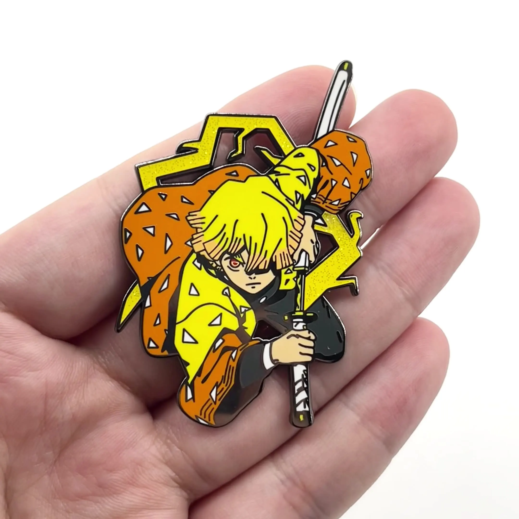 Demon Slayer: Kimetsu No Yaiba Agatsuma Zenitsu Thunderbolt Flash Brooch Japanese Anime Fan Collection Metal Flash Badge