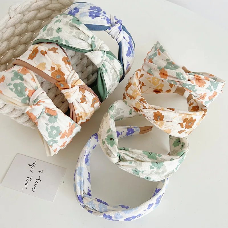 New Korean Style Floral Print Wide Cross Knotted Hairbands Women Sweet Bow Headbands Fashion Boho Hair Hoop Bezel Retro Headwear