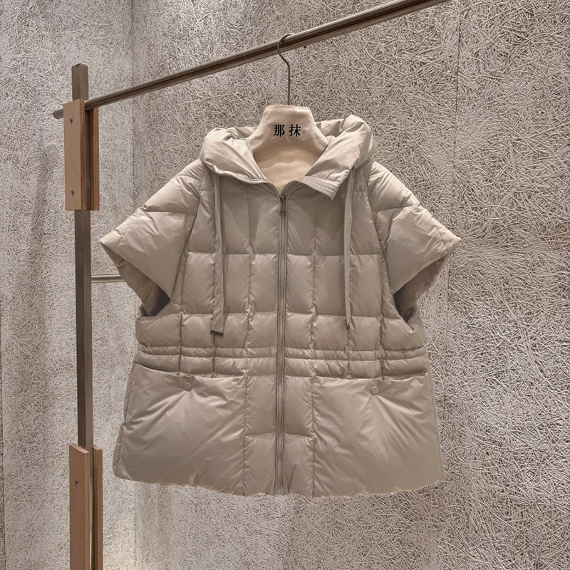 Schinteon Women White Duck Down Vest with Hood Office Lady Sleeveless Jacket Solid Color Drawstring Autumn Winter Gielt 2026 New