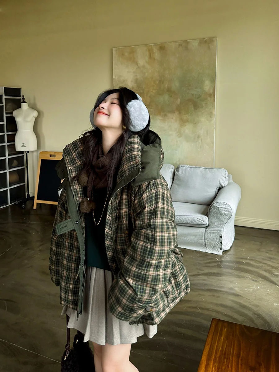 

Warm Casual Goose down Jaet Pure Cotton Color Woven Plaid Texture Hooded Silhouette Women's Faion Autumn Winter Coat