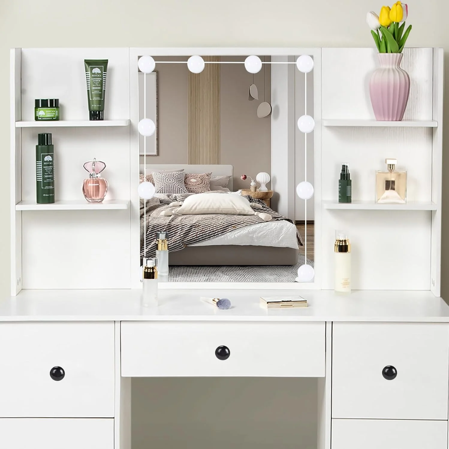 โต๊ะเครื่องแป้งแต่งหน้าเฟอร์นิเจอร์ห้องนอนโต๊ะเครื่องแป้งพร้อมกระจกและสตูลสําหรับกรูมมิ่งและจัดแต่งทรงผมส่วนบุคคล