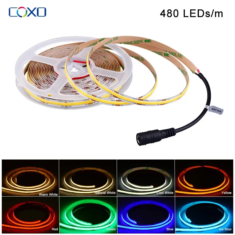 DC 12V 24V COB LED Strip Lights 480LEDs High Density Flexible for Bar Room Decor Wall Car Frame Blue White Red LED Tape Ribbon