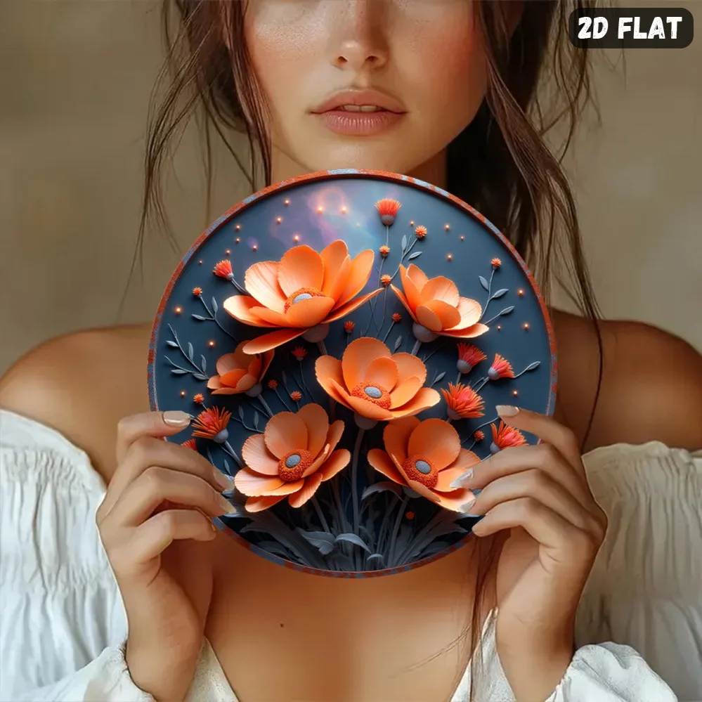2D Metal Sign, 8 Inch Round Orange Flower Blue Background Sign, Garden Office Kitchen Wall Art, Spring Festival Holiday Decorati