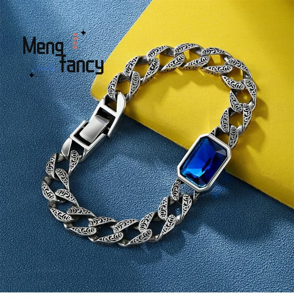 

Blue Stone Tang Grass Pattern Couple Thai Silver Bracelet Personality Tide Simple Exquisite High-grade Luxury Quality Jewelry