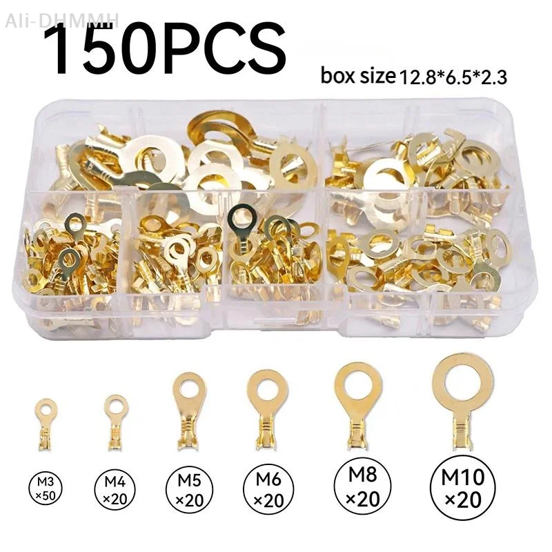 ZLinKJ 150pcs/box Round Terminal Block O-type Lugs Terminals Cold-Pressed Connector Copper Tab Wiring Nose Combination Set
