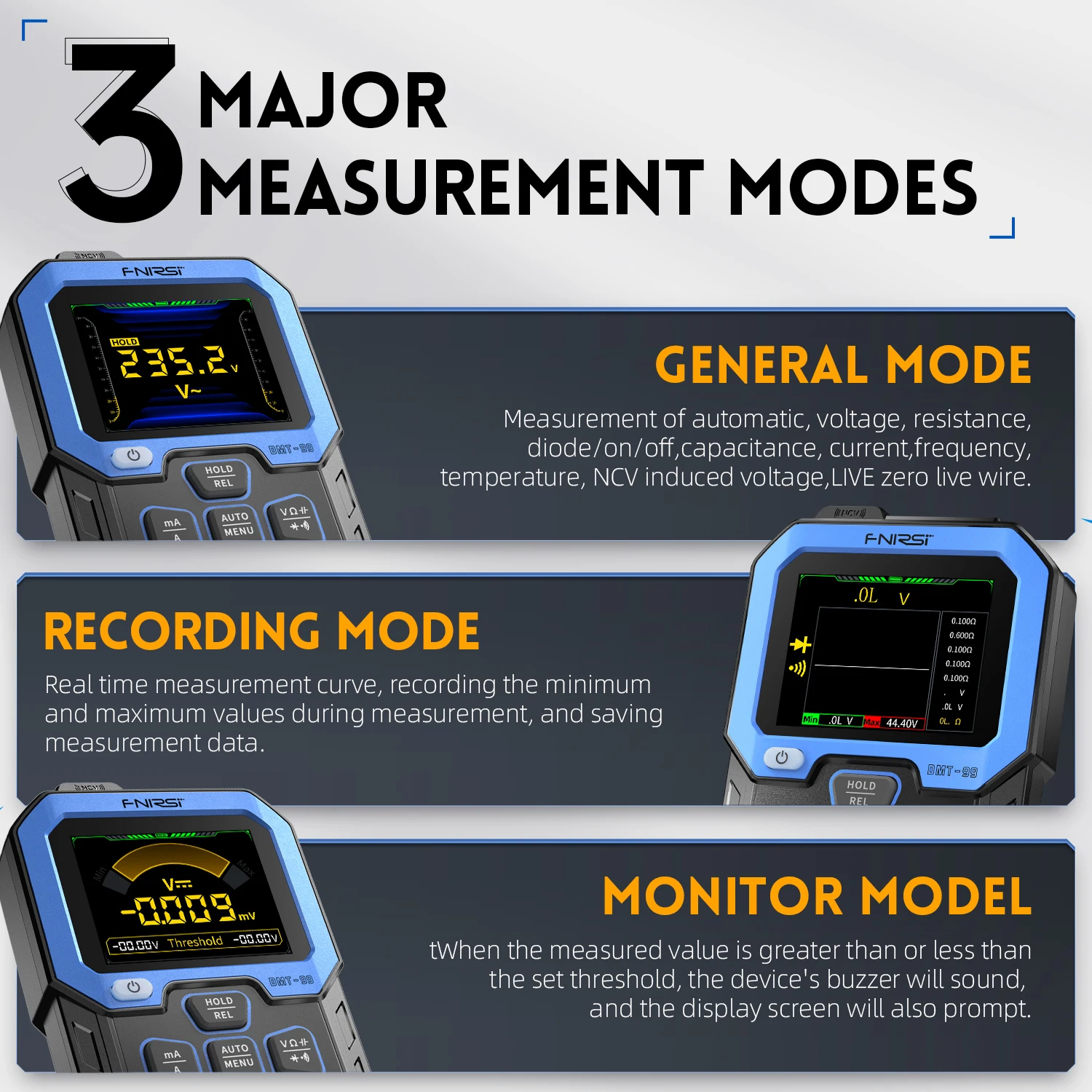 Imagem -04 - Multímetro Digital True Rms 10000 Contagens Capacitância de Resistência Freqüência Temperatura Tensão Atual Ncv Tester Fnirsi-dmt-99