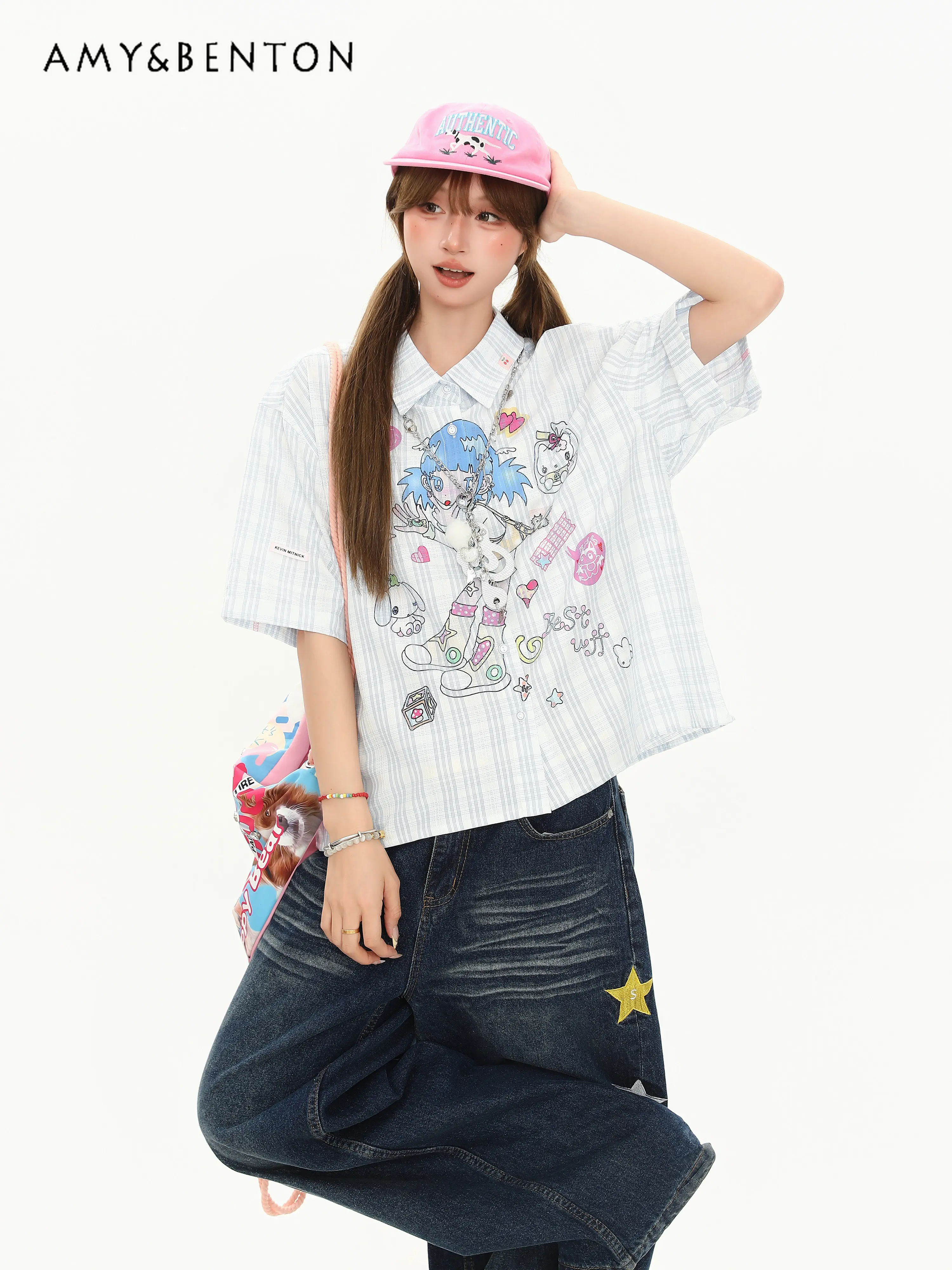 

2026 New Summer Japanese Style Cute Cartoon Graffiti Print Women Plaid Slim Fit Casual Short Sleeve Button Down Shirt