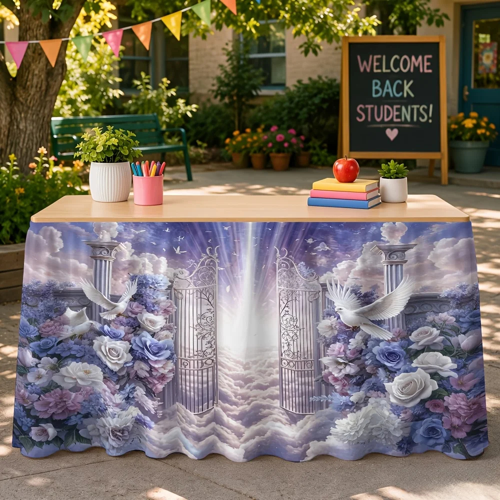 1-piece decorative Tianmen flower pigeon printed tablecloth table skirt, suitable for indoor birthday parties