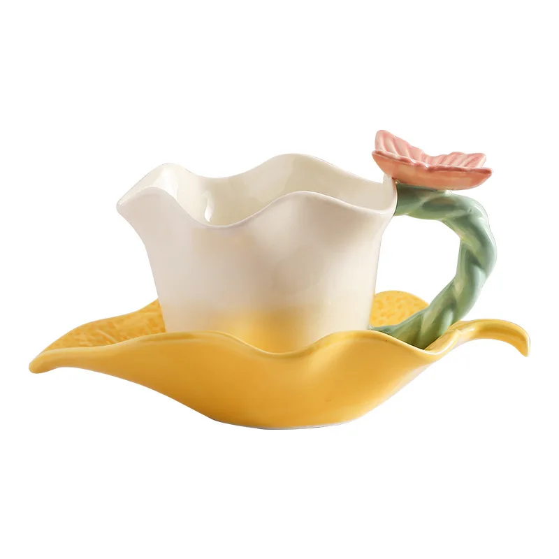 High-looking coffee cup with flower language and butterfly ceramic cup and saucer set with spoon,cute couple style pair of cups