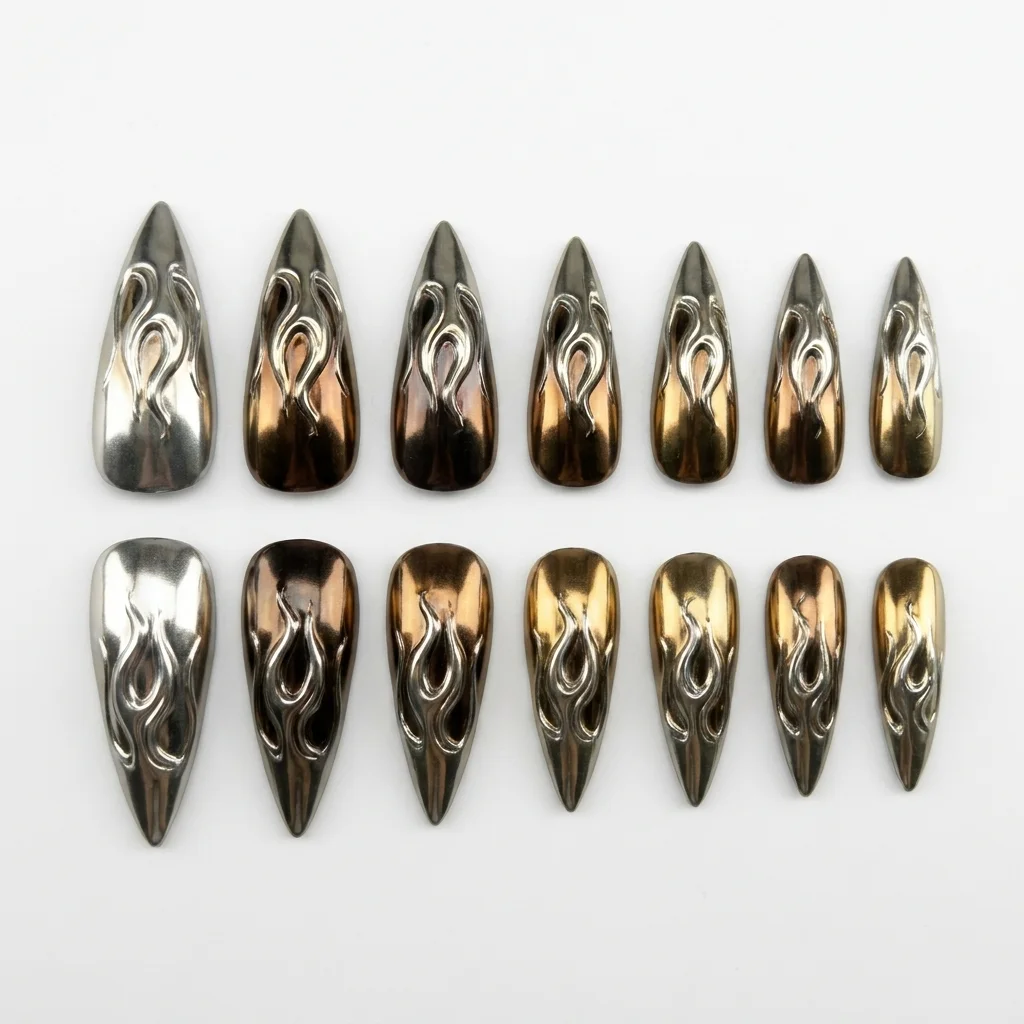 Künstliche Nägel in Mandelform, Y2K Spicy Girl Silber Schleife Diamant Press-on Nägel, Schwarzes Cooles Design mit Kleber für Nagelkunst