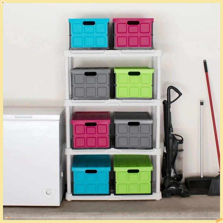 Collapsible Storage Bin with Lid - 48L Foldable Plastic Box , Organization - Stackable Lidded Container with Handles, Turquoise