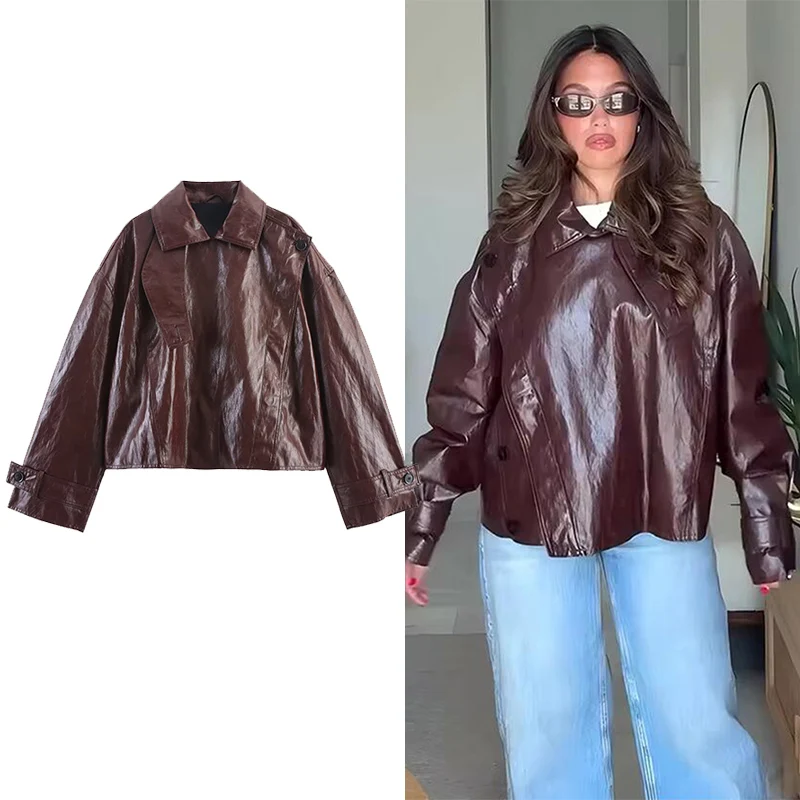 

Уличные свободные куртки для женщин, новая модная куртка из искусственной кожи с длинными рукавами, пальто, женское осеннее женское короткое пальто 2023 г. ﻿ ﻿