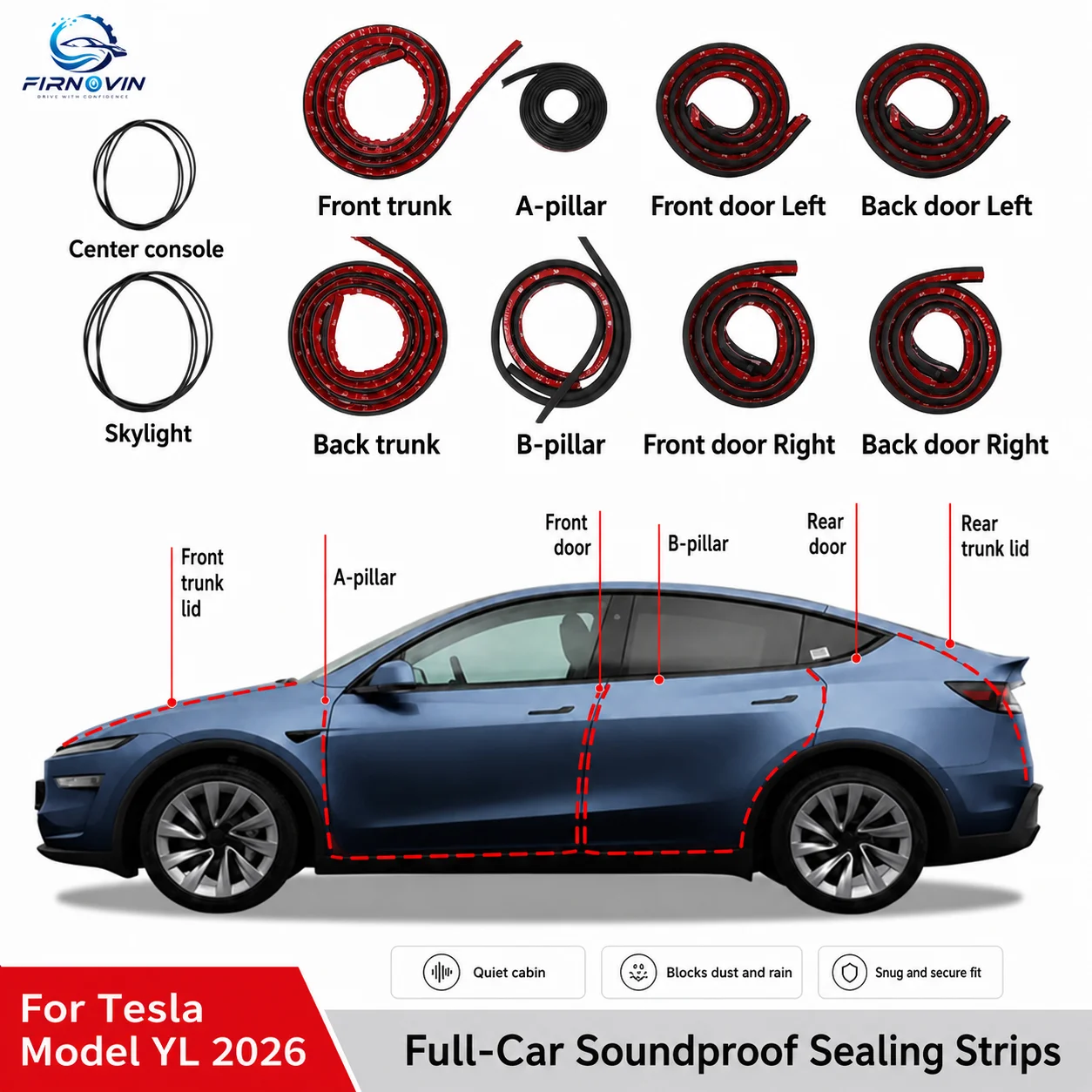 Car Door Sealing Soundproof Rubber For Tesla Model YL / Y Juniper 2021-2026 Sealing Strip To Reduce Wind Noise Soundproof Kit