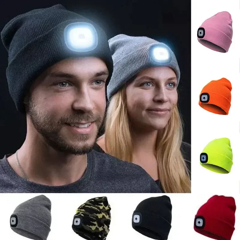 Outdoor Windproof and Warm Knitted Hat Headlamp Outdoor Sports Knitted Head Light Men Women LED Hat Flashlight Headlight Gift