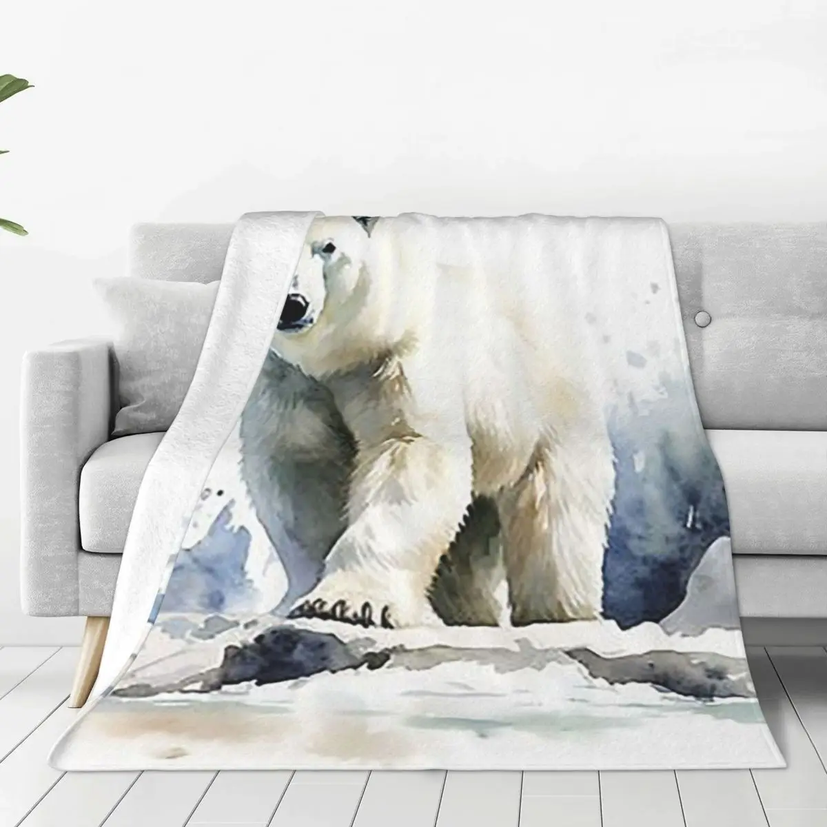 Watercolor Standing In The Snow Polar Bear Blanket Flannel Throw Blanket Bedding for Bed Living room Picnic Travel Home Sofa
