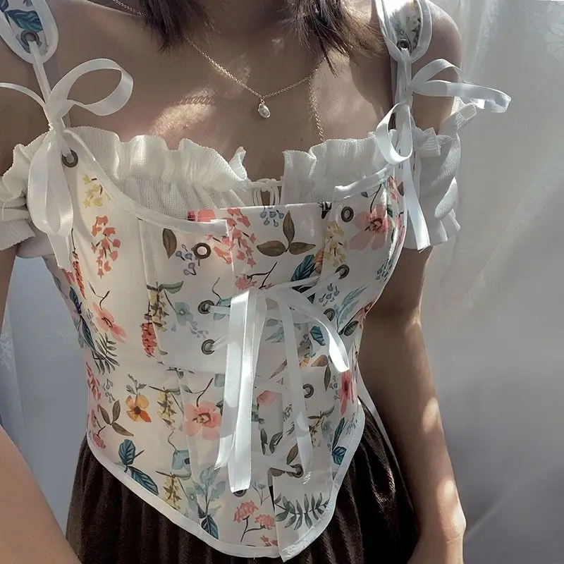 French Vintage Floral Bustiers Crop Women Backless Sexy Boho Beach Party Vest Tops Female Korean Fashion Lace-up Corset Top 2022