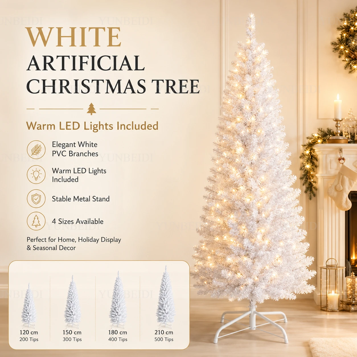 Weißer Künstlicher Weihnachtsbaum aus PVC, 120 cm bis 210 cm, für Familienfeiern und Weihnachtsdekoration