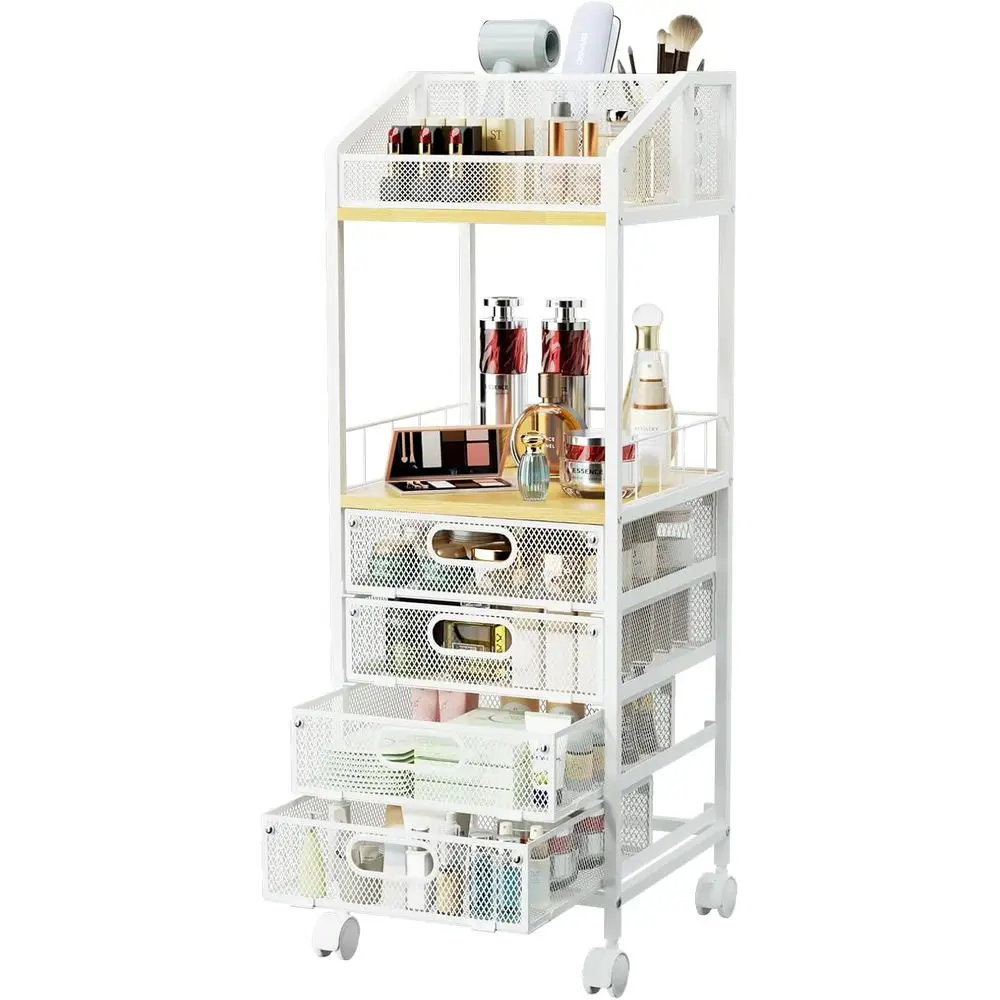 

Makeup Organizer Storage Cart with 4 Drawers, Rolling Makeup Cart Vanity Organizer Cosmetics Display Cases Holder