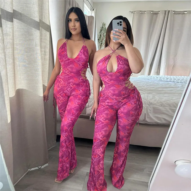 

Spring and summer new European and American sexy spice girls low-cut backless strap hanging neck personality hip jumpsuit woman