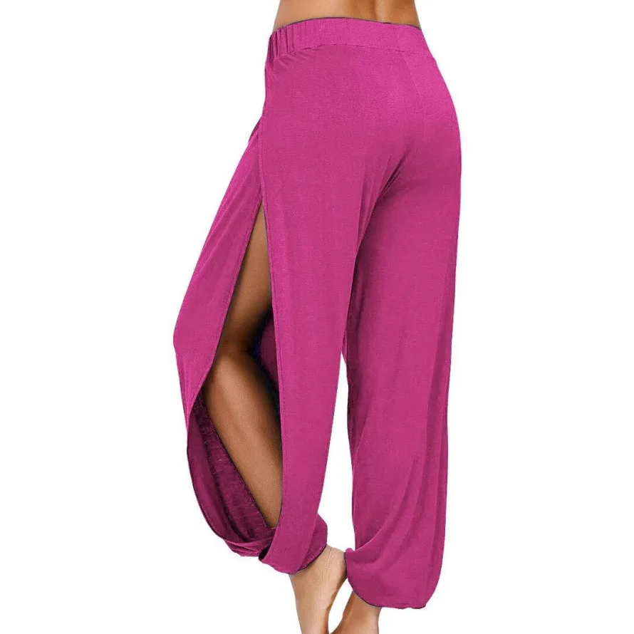 กางเกงโยคะผู้หญิงทรงฮิปปี้ผ่าสูง รุ่นฮาร์ลาน ปี 2024 ผ้าไหมชีฟองถักเนื้อบางเบา สไตล์ลำลอง เอวสูง ขายาว