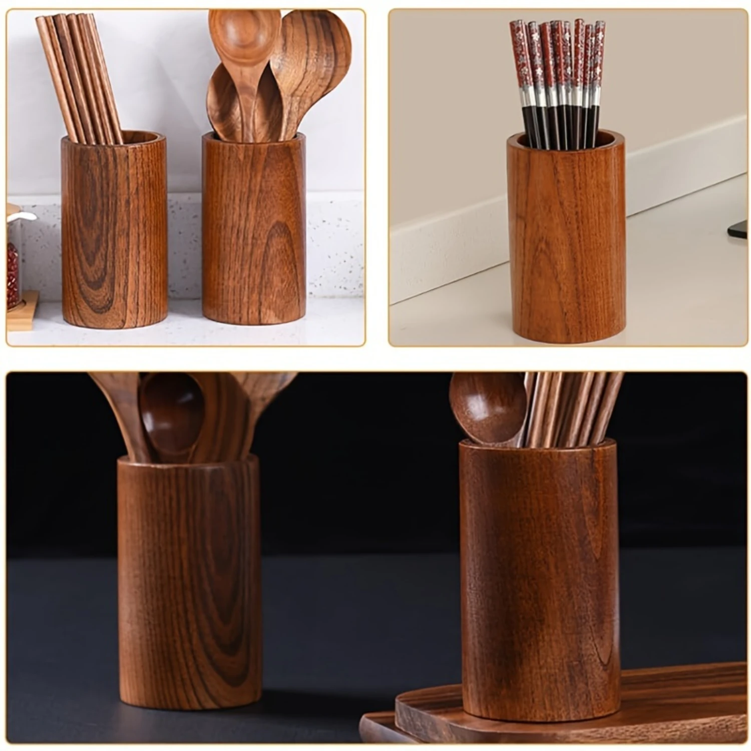 1pc Utensil Crock, 3.54''x5.12''/9cm*13cm Wooden Utensil  Holder, Countertop Rustic Shovel Straws Stand, For Kitchen Counter, Ca