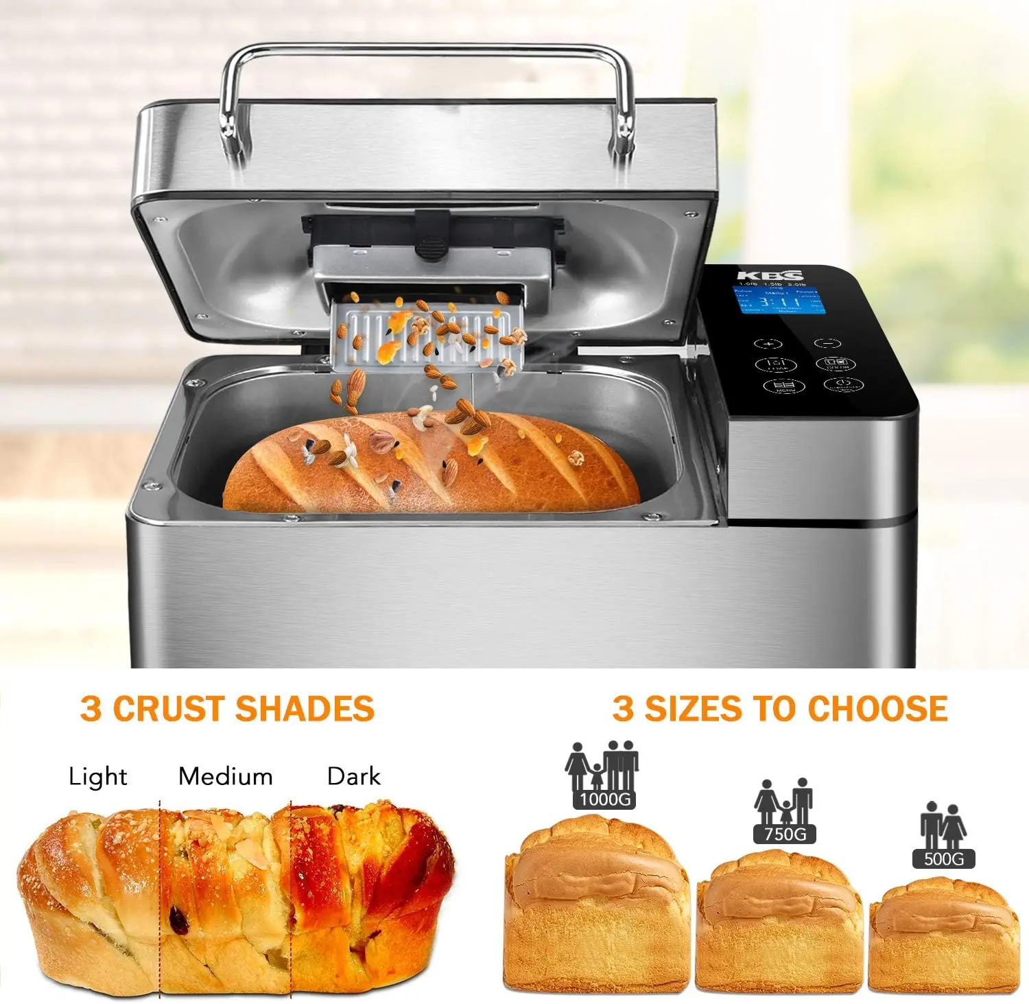 Pro Stainless Steel Bread Machine, 2LB 17-in-1 Programmable XL Bread Maker with Fruit Nut Dispenser, Nonstick Ceramic Pan& D