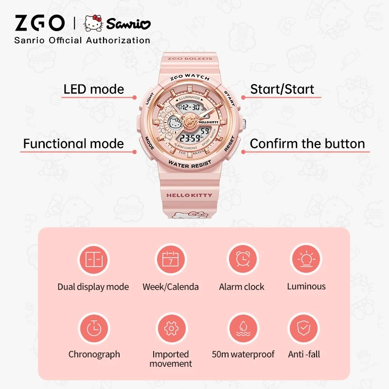 ZGO×Hello Kitty children\'s digital watch for girls. For students. Luminous watch. Waterproof sports watch. Birthday gift 8573