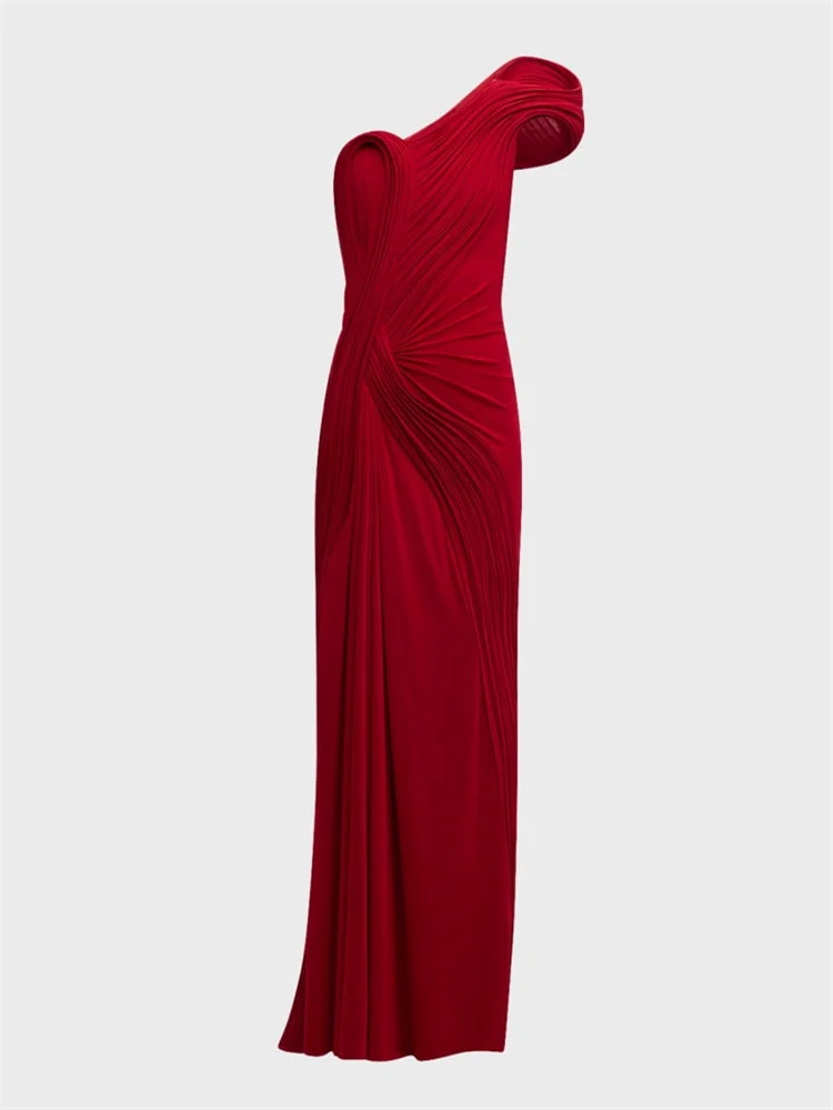 

Hot Selling One Shoulder Neckline Sleeveless Column Satin Evening Dress Elegant Open Back Zipper Floor Length Gown For Women