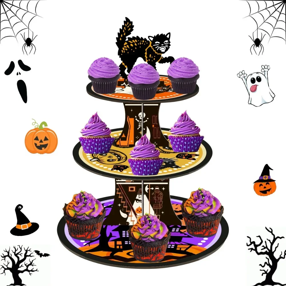 Halloween Cake Stand 3 Tier Cardboard Black Cat Theme Cupcake Tower Shelf for Halloween Birthday Party Supplies Dessert Tower