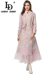 LD LINDA DELLA Autumn Winter Women's Coat Stand Collar Long-Sleeved Single-Breasted Flounced Edge Sequins Button Long Coat