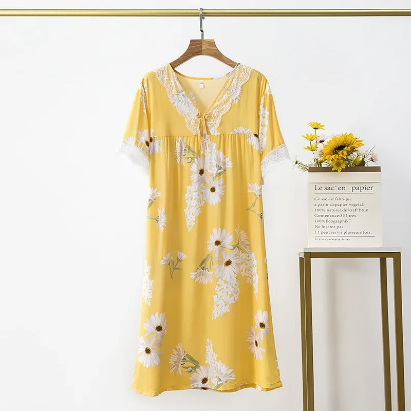 

Nightgowns Women Summer Sleepwear Trendy Print Ins Light Soft Mid-calf Elegant Korean Style Leisure Basic Nightwear Casual Cozy