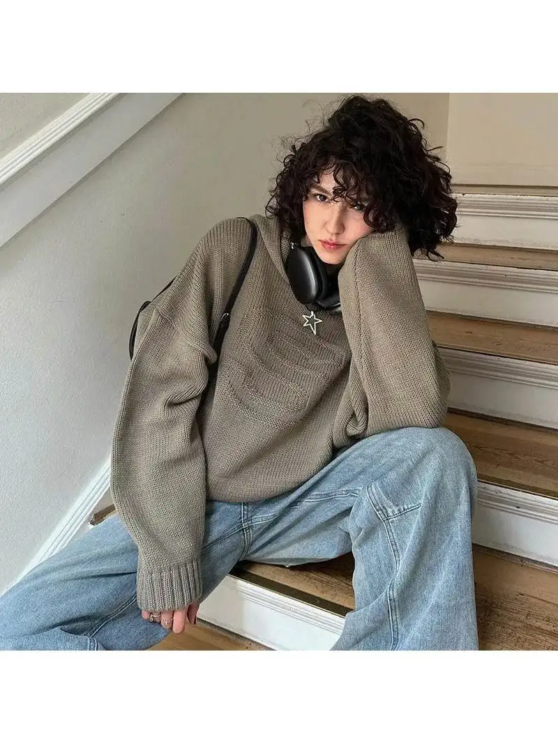 

Y2K Faion Stwear Printed Knitted Hooded Sweatirts Women Ciwalk PVC Fabric mid Waist Batwing Sve Other Material 00%