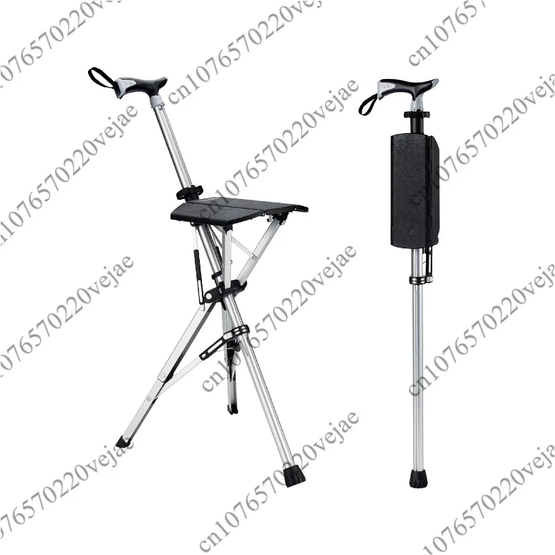 Foldable Cane Seat, 110KG Bearing Aluminum Alloy Adjustable Walking Stick Chair, Portable Elderly Crutch Stool