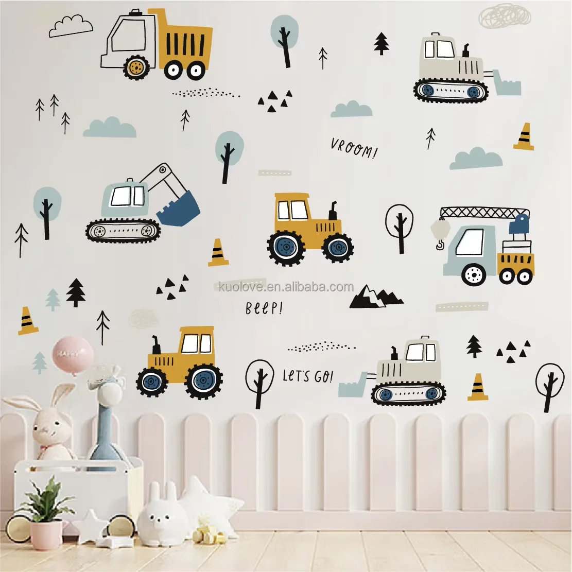 cartoon engineering vehicle wall sticker for kids room self adhesive baby nursery wall decal