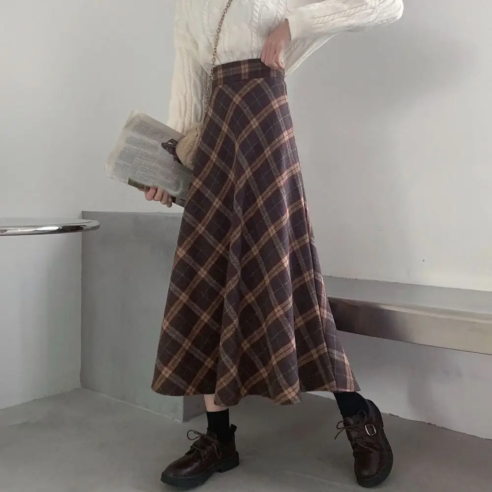 Ins-Style, hochtaillierter, kariertes Retro-Rock, Winter, Herbst, schmal geschnitten, langer Rock mit hoher Taille, ästhetisches, klassisches A-Linien-Halbkleid, Herbst – Detail 8