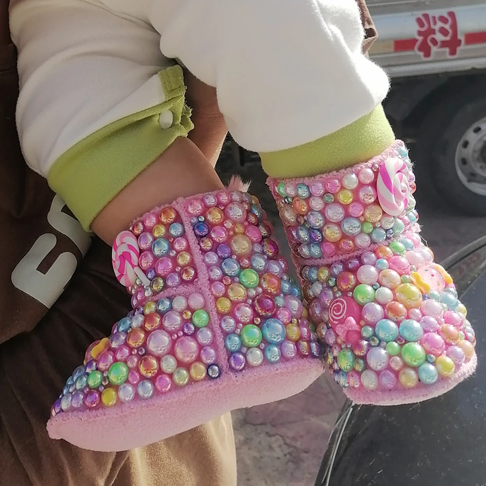 Handgemaakte Strik Haarband Steentjes Baby Meisje Snowboots Winterschoenen Kam Eerste Wandelaar Sparkle Bling Crystal Prinses Douche Cadeau