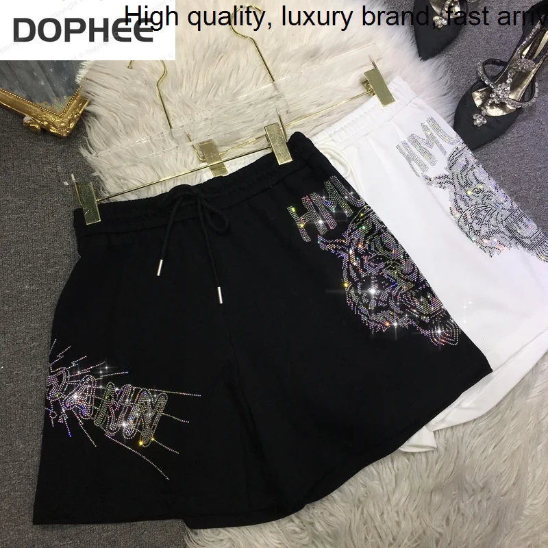 Hot Drilling Trendy Female 2023 New Summer Domineering Panther Elastic High Waist All-match Wide Leg Shorts Streetwear