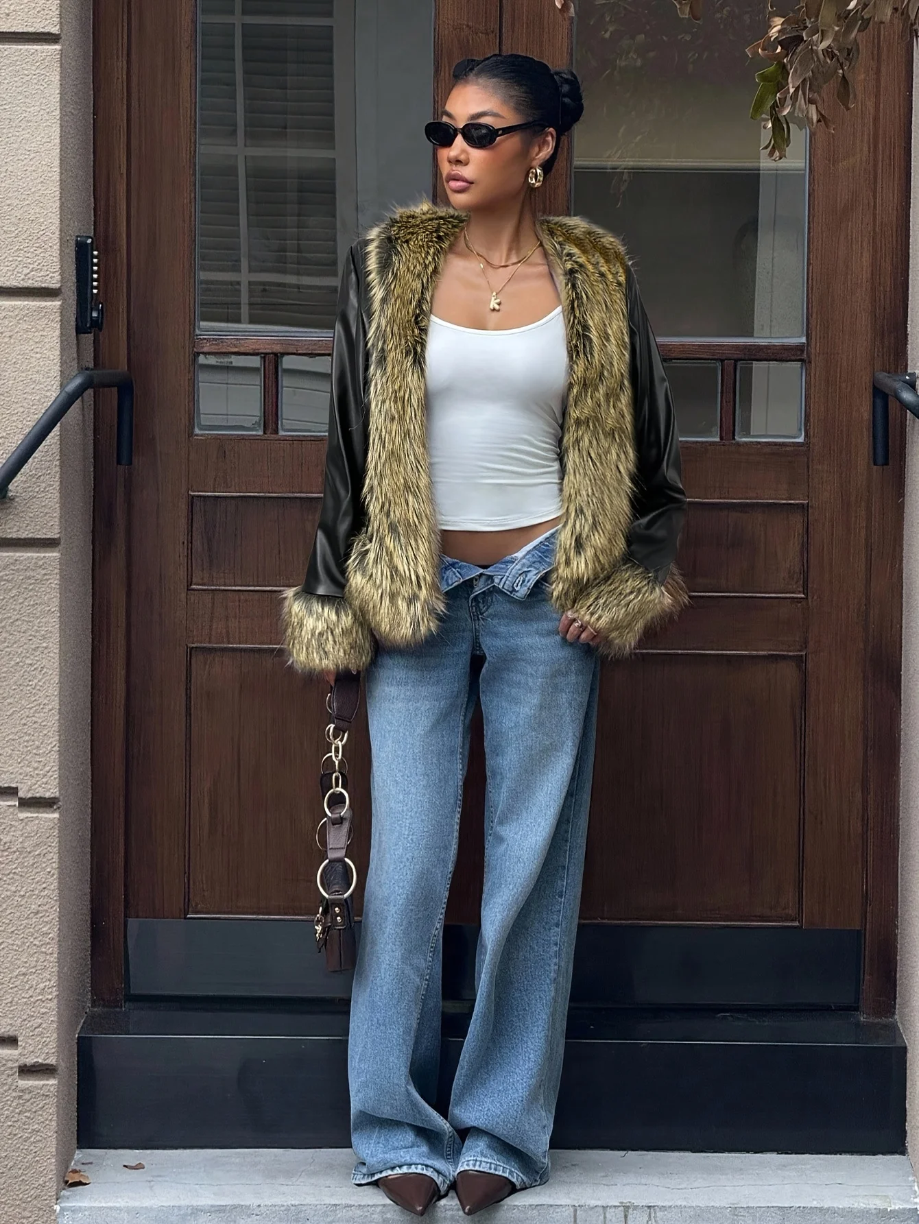 

Regular Elegant Versatile Autumn-Winter Black Leather Patchwork Brown-Gold Faux Fur Jacket