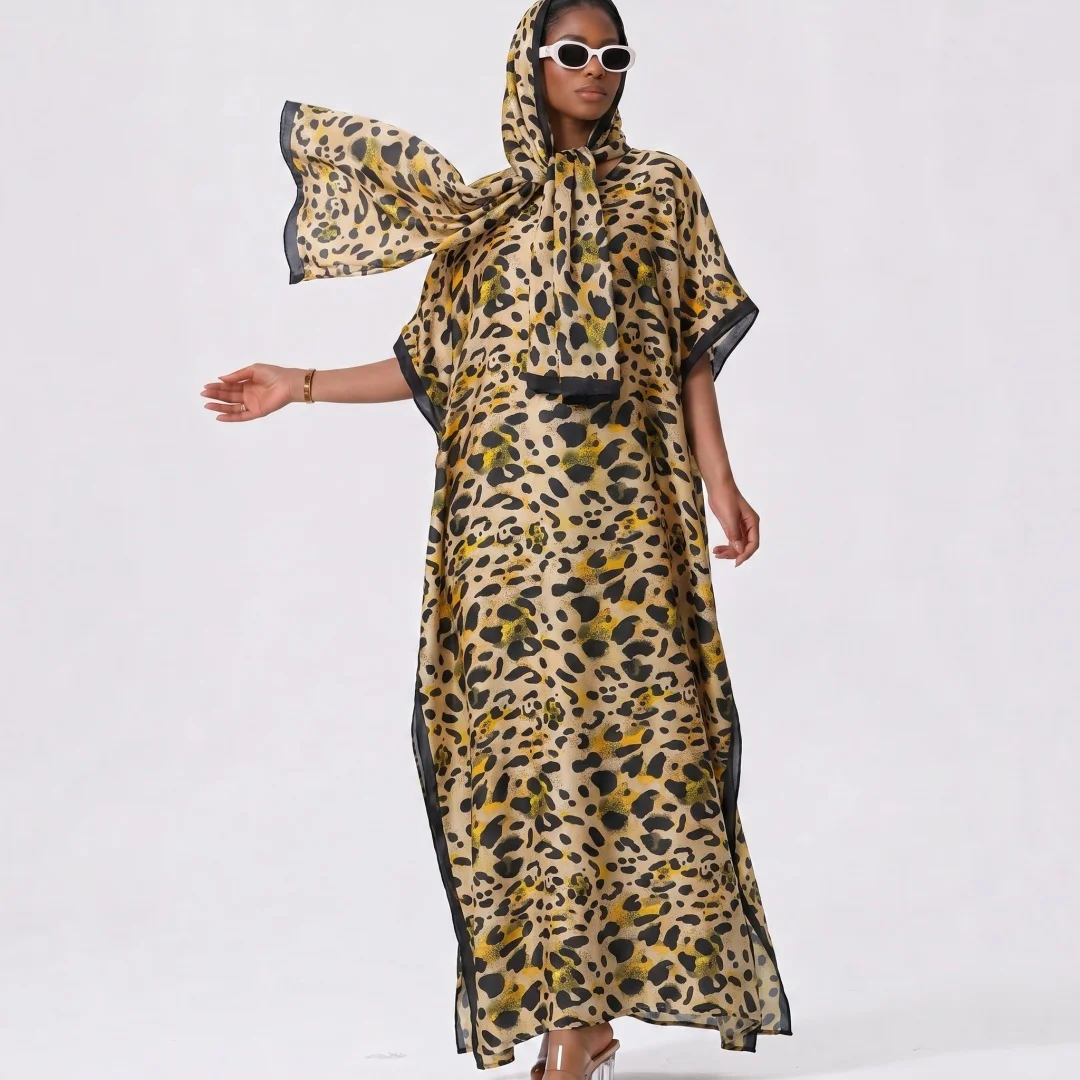 Women Modest Two Piece Outfit Grey Ginkgo Marble Printed Kaftan Short Sleeve Loose Long Robe Islamic Wear Matching Hijab Scarf