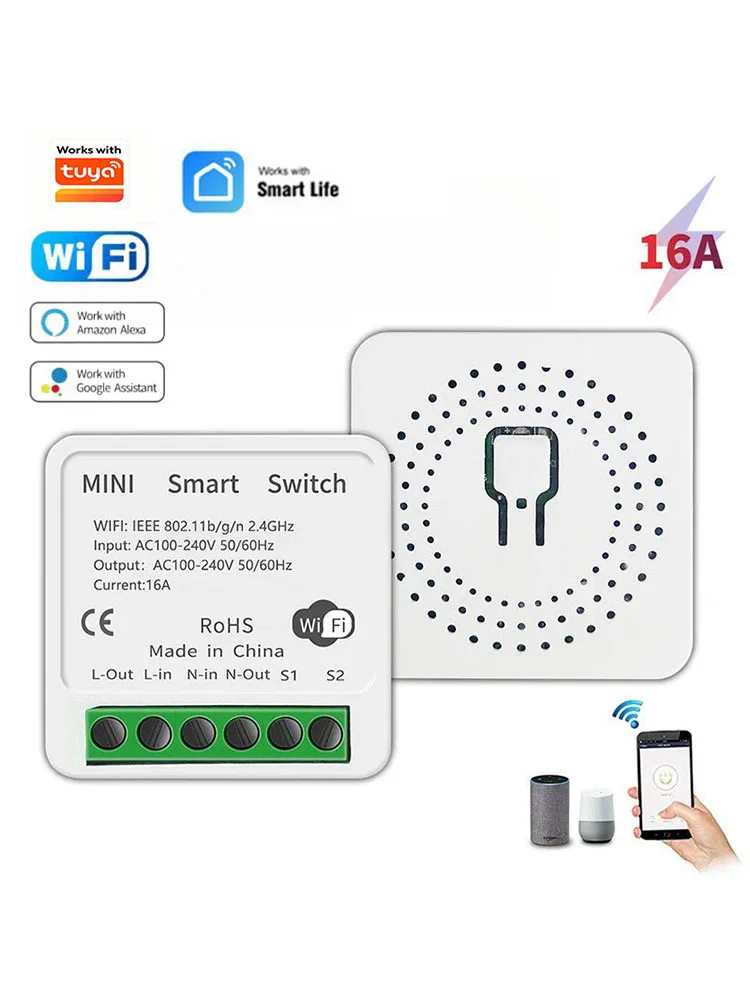 16A WLAN Smart Schalter DIY Kompatibel mit Tuya Smart Life APP Smart Home Alexa Yandex Alice Mini Schalter Zweiwege-Sprachsteuerung