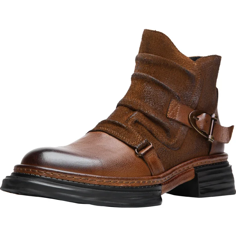 CLAIAMI Handmade Motorcycle Riding Boots Men Retro Cowhide Paratrooper Ankle Boots Platform Leather Zipper Men Shoe Botas Hombre