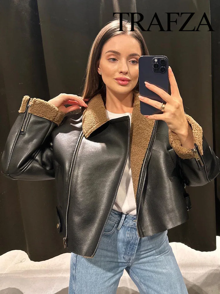

TRAFZA Women Fashion Winter Fleece Faux Thick Short Leather Woman Clothing High Waist Long Sleeve Cropped Tops Jacket Warm Coat