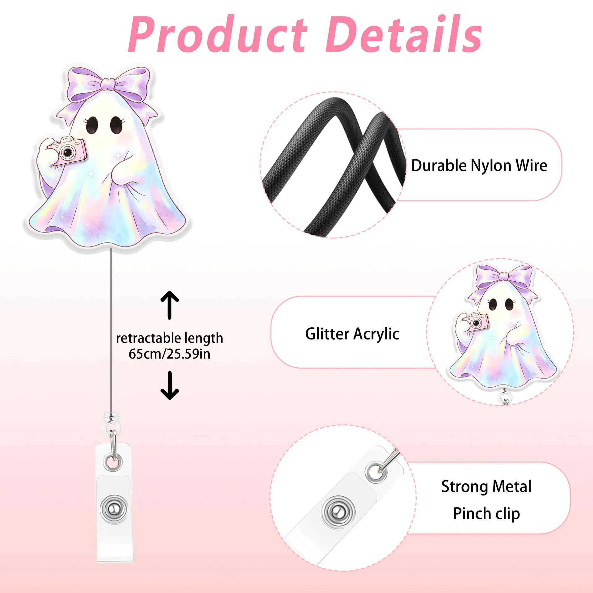 2026 New Design Gold Gradient Anime Ghost BOO Retractable Nurse Badge Reel Halloween Name Tag ID Card Holder Alligator Clip
