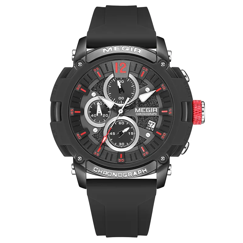 MEGIR 2208 Sport Factory Watches for Men Big Dieal Silicone Strap 3D Scale Waterproof Luminous Chronograph Quartz Wristwatch